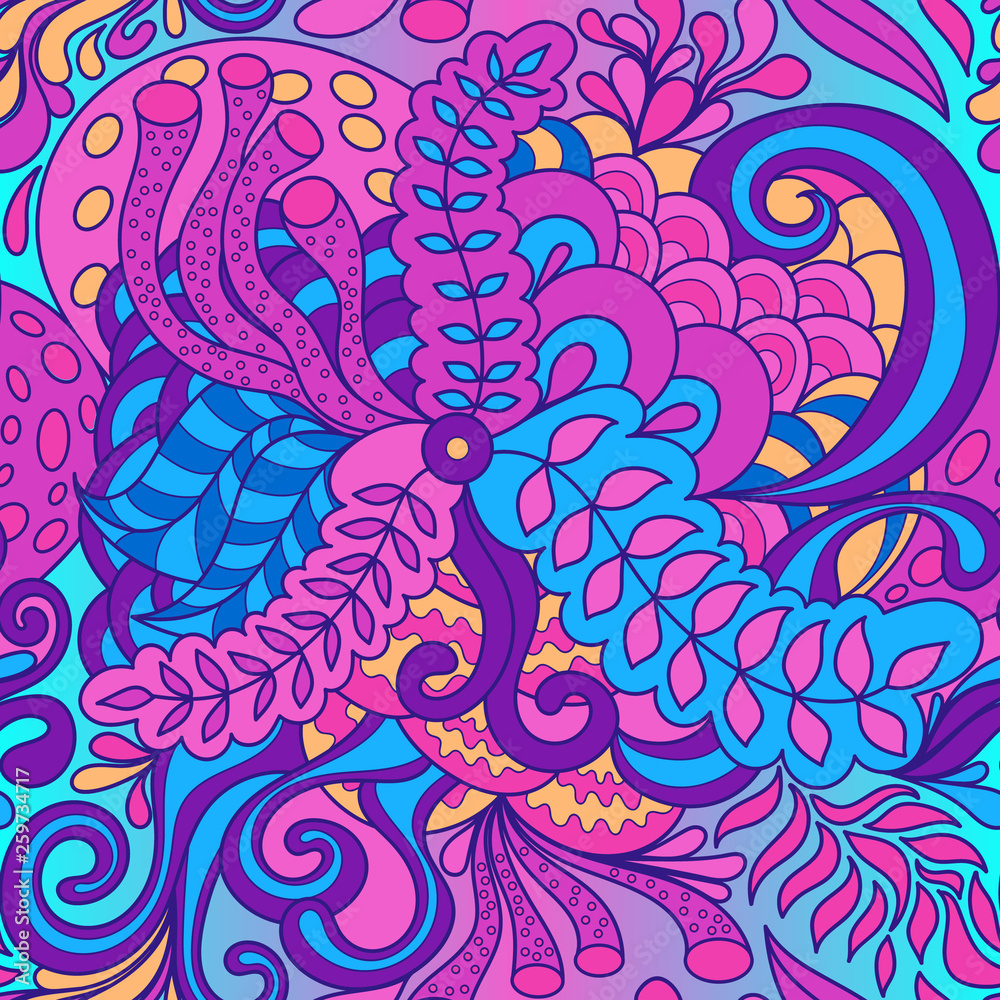 Seamless pattern in doodle style. 60s hippie psychedelic art. Vector. Print for fabric Seamless pattern in doodle style. 60s hippie psychedelic art. Vector. Print for fabric