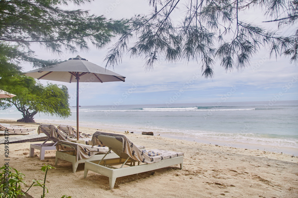 Sun beds with umbrellas on the Bali beach Sun beds with umbrellas on the Bali beach