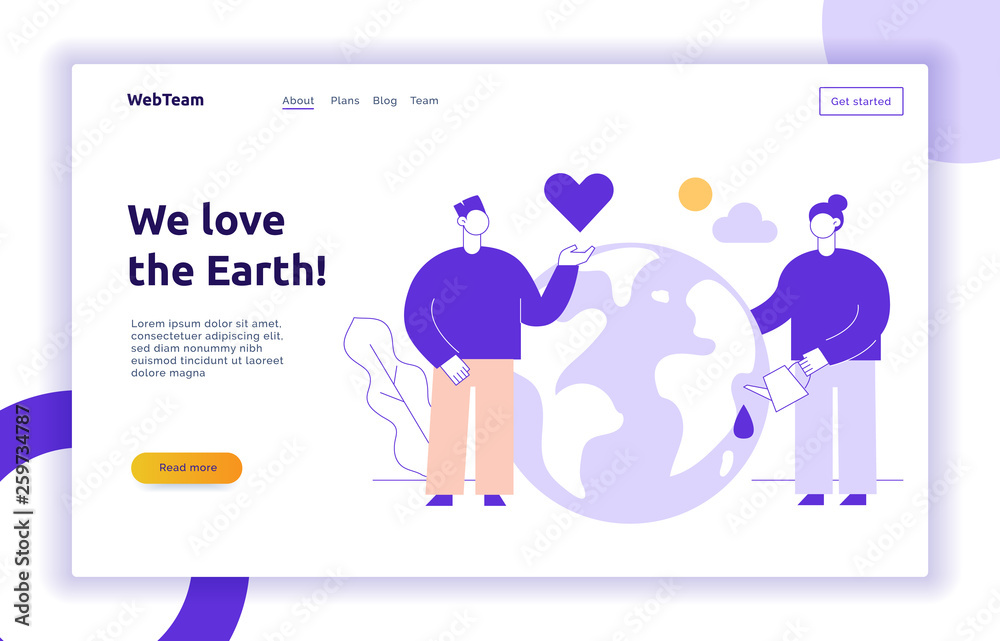 Vector save the planet web page banner design template with big modern flat line people. Ecological illustration