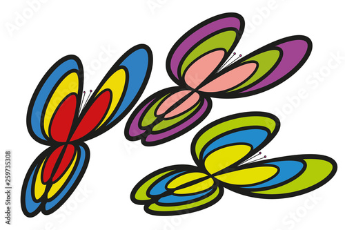 Tres mariposas sobre fondo blanco.