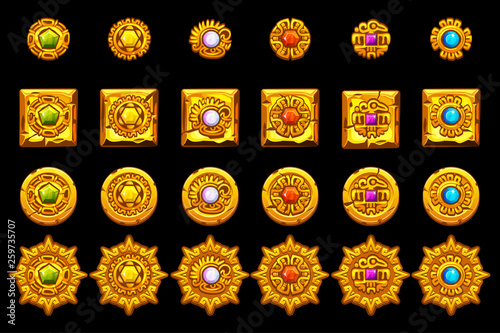 Vector Maya icons. American aztec, mayan culture golden symbols. Isolated on separate layers.