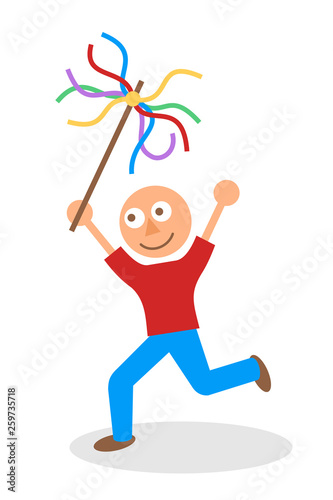 Easter in Czech Republic - joyful man is running with decorated whip, called pomlazka, in the hand. Czech tradition in the spring