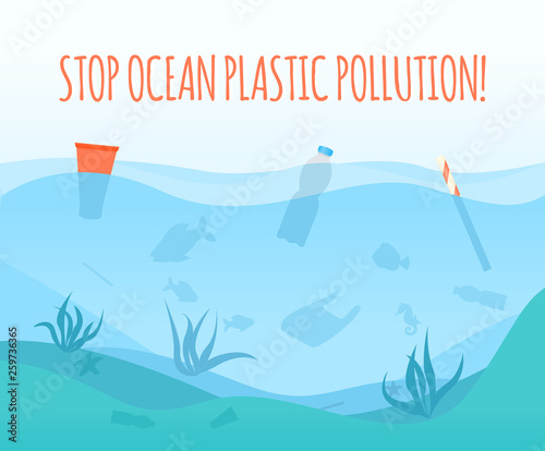 Stop ocean plastic pollution vector illustration. Ecological problem poster. 
