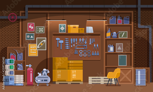Basement Workshop vector Illustration. Garage or Cellar Indoor Storehouse
