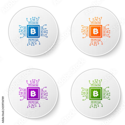 Color CPU mining farm icon isolated on white background. Bitcoin sign inside processor. Cryptocurrency mining community. Digital money. Set icons in circle buttons. Vector Illustration