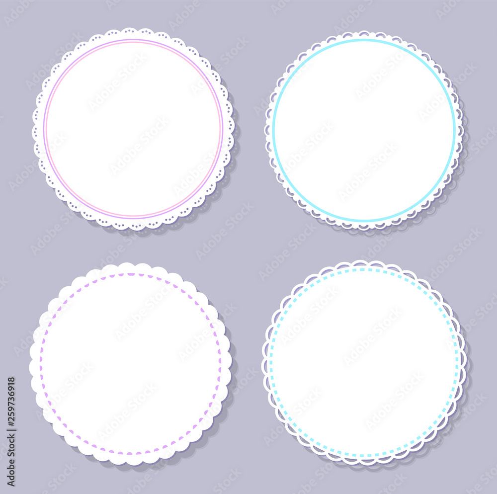 Round napkins with various edges isolated on grey background. Vector mockup of banner with spare place for text, circled border mockups, flat design templates Round napkins with various edges isolated on grey background. Vector mockup of banner with spare place for text, circled border mockups, flat design templates
