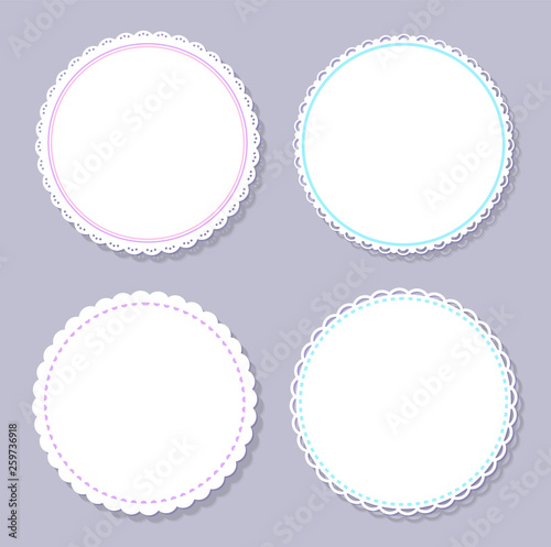 Round napkins with various edges isolated on grey background. Vector mockup of banner with spare place for text, circled border mockups, flat design templates