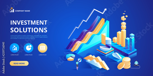 Investment solutions Commerce solutions for investments analysis concept Vector isometric illustration