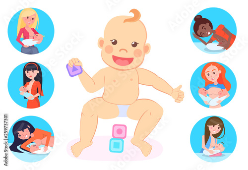 Motherhood vector, baby wearing diaper playing with cubes, woman with kid caring for children, Breastfeeding mother with newborn child isolated set