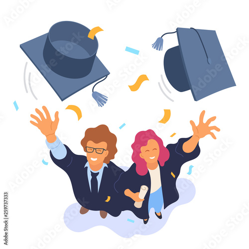 Two happy college graduates throwing academic caps vector illustration. View from above. Happy graduation. Cartoon smiling university students. Flat style. Eps 10.