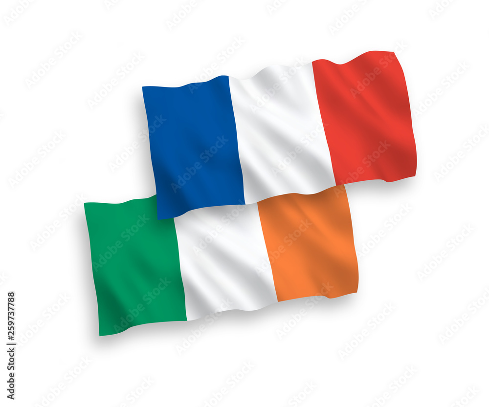 National vector fabric wave flags of France and Ireland isolated on white background. 1 to 2 proportion.