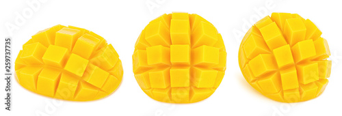 Carved mangoes isolated on a white background.