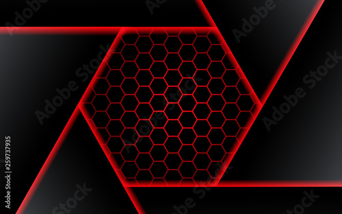 Abstract black polygon red light futuirstic technology design background vector illustration. - Vector