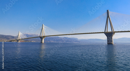 The Rio Antirrio Bridge or Charilaos Trikoupis Bridge, photo taken from the boat during summer holidays 2018.