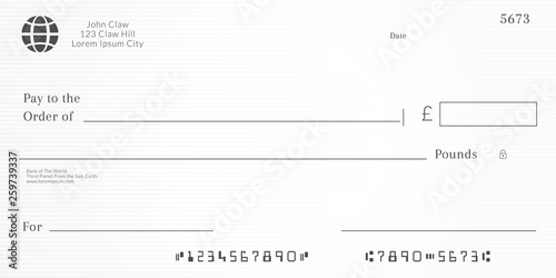 British checkbook page. Bank check template with pound currency. Blank Cheque.