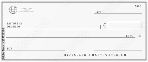Bank check template. Checkbook page with euro currency background.