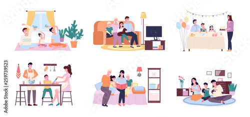 People at home vector, mother and father with kid cooking in kitchen. Birthday cake celebration, looking at photo albums, watching tv set, playing games
