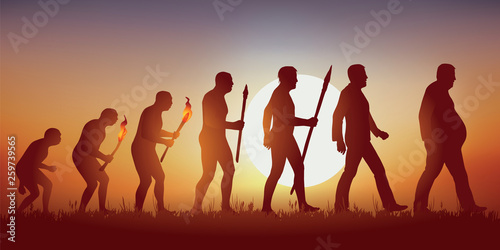 Concept de l’obésité et de la mauvaise alimentation avec le symbole de Darwin montrant l’évolution de l’homme primitif vers l’homme moderne, aboutissant à un homme en surpoids qui marche péniblement.