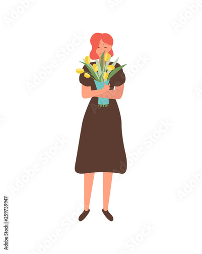 Woman in dress with bouquet of yellow tulips isolated cartoon character. Vector female celebrating 8 March or birthday party, elegant lady with flowers