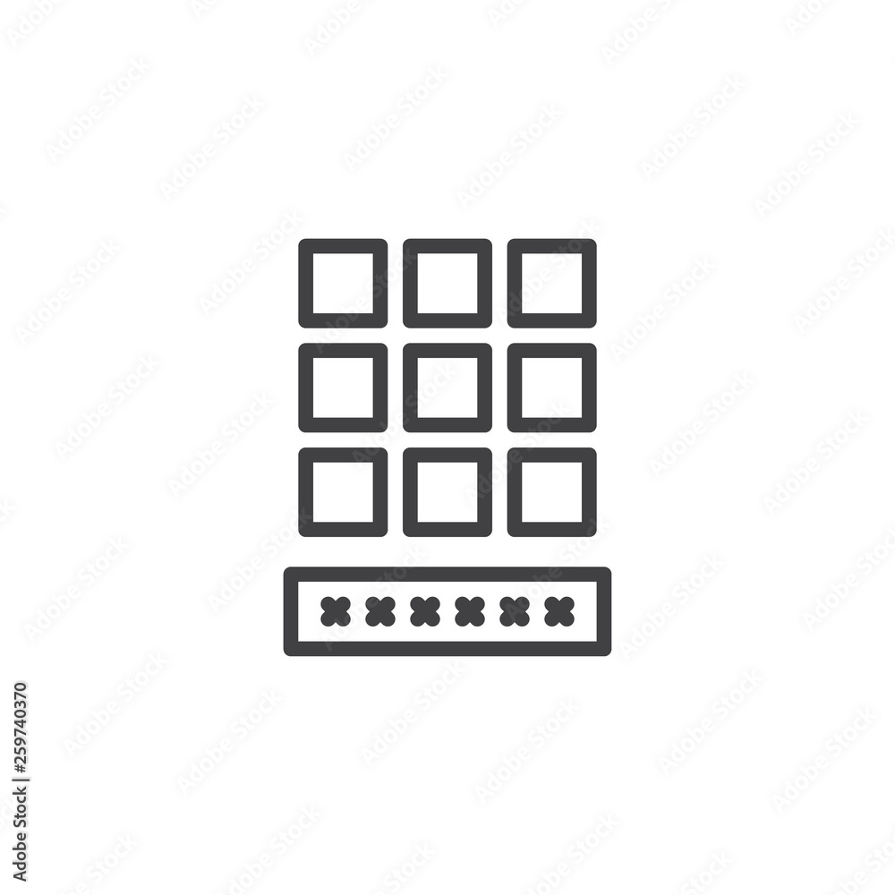 Password keypad line icon. Cyber security code lock linear style sign for mobile concept and web design. pin code keyboard outline vector icon. Symbol, logo illustration. Pixel perfect vector graphics