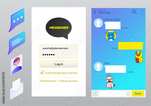 Korean messenger interface set vector, login form with password. Chatting page with text and stickers, user and boxes, social network for teenagers