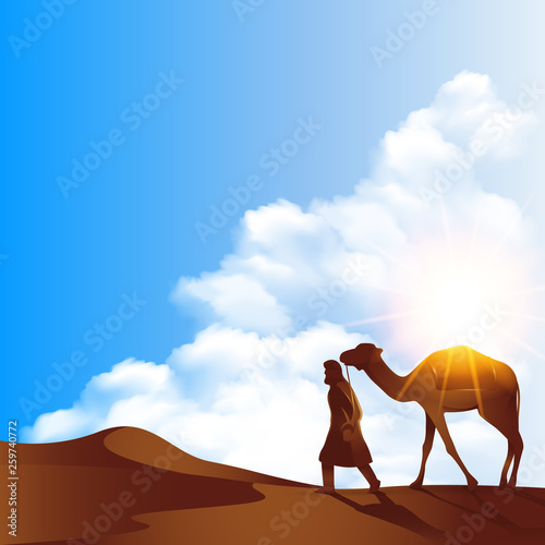 Islamic landscape arabian background. Camel caravan going through the desert