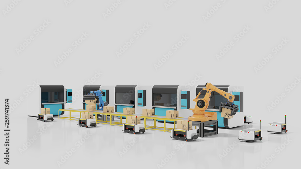 Fototapeta premium Factory Automation with AGVs, 3D printers and robotic arm,3D rendering
