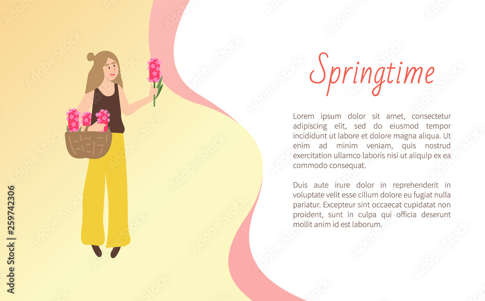 Woman holding basket of pink flowers, girl full length view with blossom, female in casual clothes in springtime, standing model papercard vector