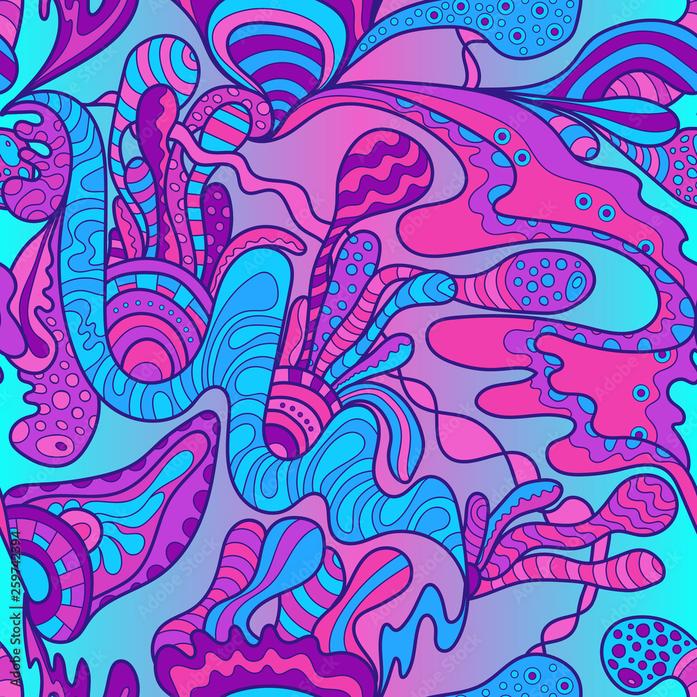 Seamless pattern in doodle style. 60s hippie psychedelic art. Vector. Print for fabric Seamless pattern in doodle style. 60s hippie psychedelic art. Vector. Print for fabric