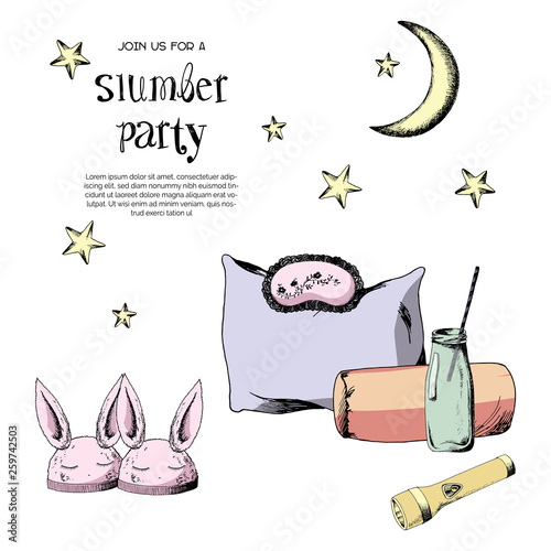 Pajama sleepover Party Invitation, card, poster template.