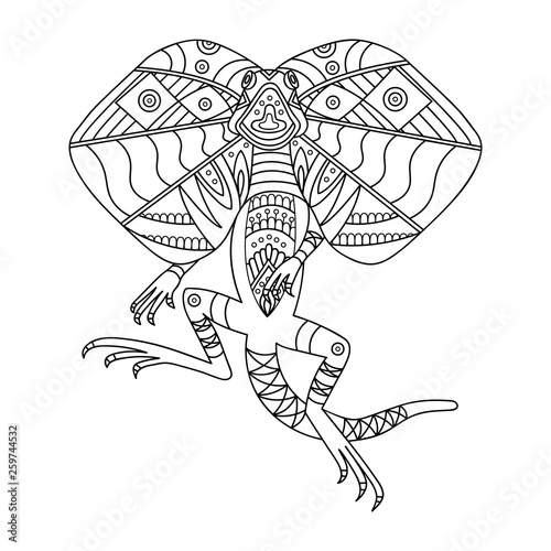 a lizard with a fringe runs on its hind legs. Linear drawing coloring pages for adults and children