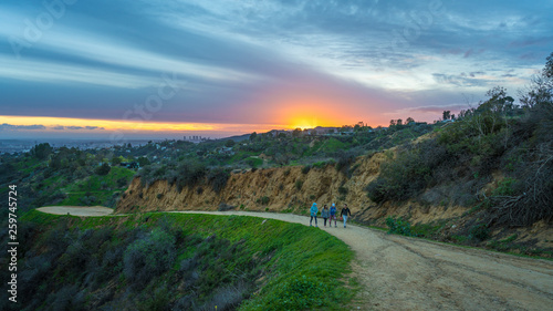 Hollywood Hills Hiking Trail at sunset in Log Angeles, California