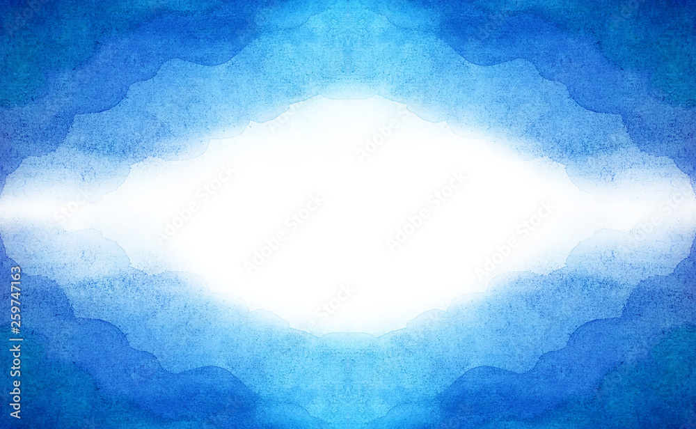 Abstract blue background horizontal from a symmetrical frame of watercolor clouds. White glow inside in the middle for copy space.