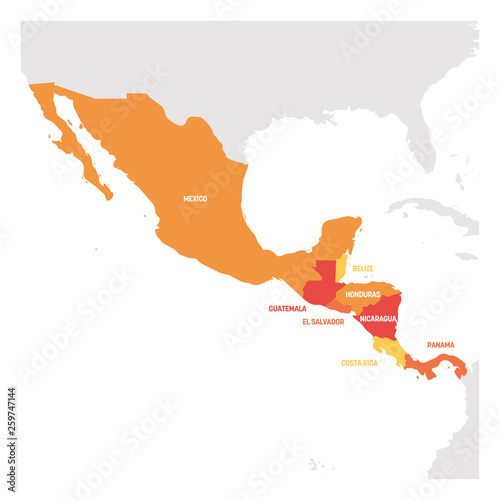 Central America Region. Map of countries in central part of America. Vector illustration