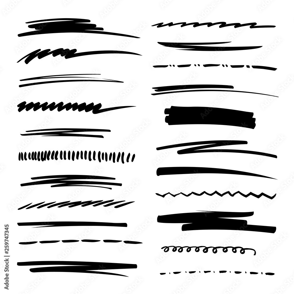 Hand drawn collection set of underline strokes in marker brush doodle style. Grunge brushes.
