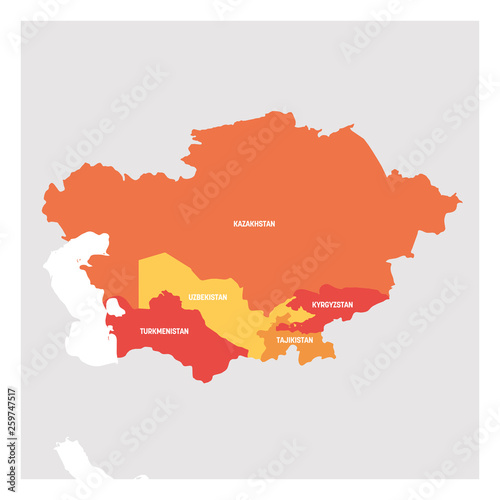 Central Asia Region. Map of countries in central part of Asia. Vector illustration