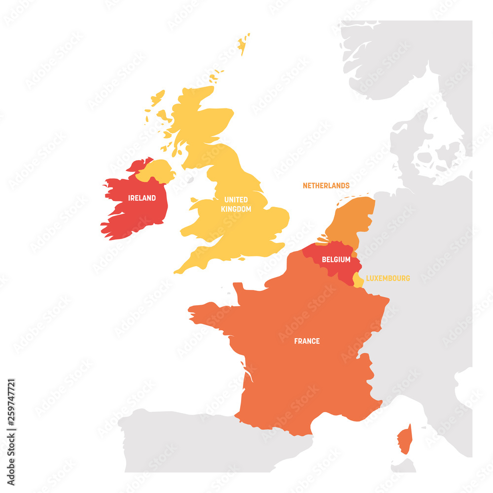 West Europe Region. Map of countries in western Europe. Vector illustration