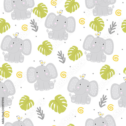 Seamless pattern with cute elephant and tropical leaves. For printing on fabric. For children s clothes.