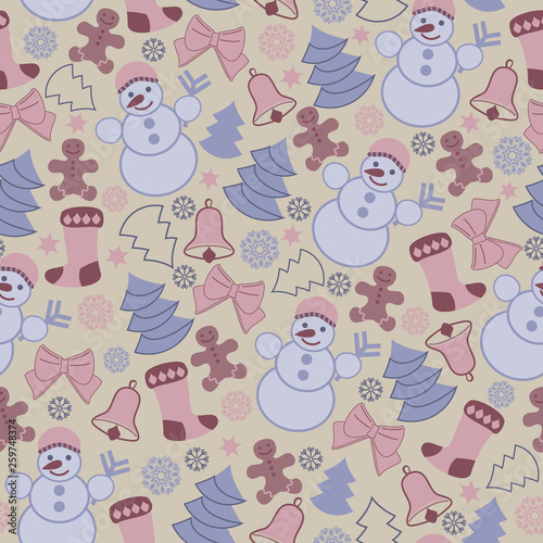 Seamless cute Christmas pattern with Christmas symbols.Festive vector background.