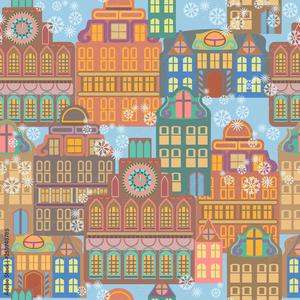 Seamless pattern with vintage european houses  . Winter landscape - vector background.