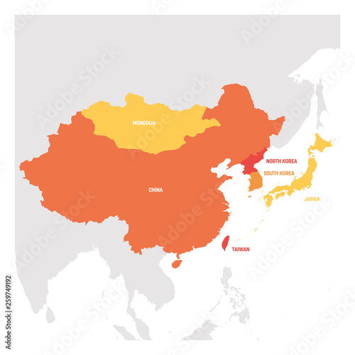 East Asia Region. Map of countries in eastern Asia. Vector illustration
