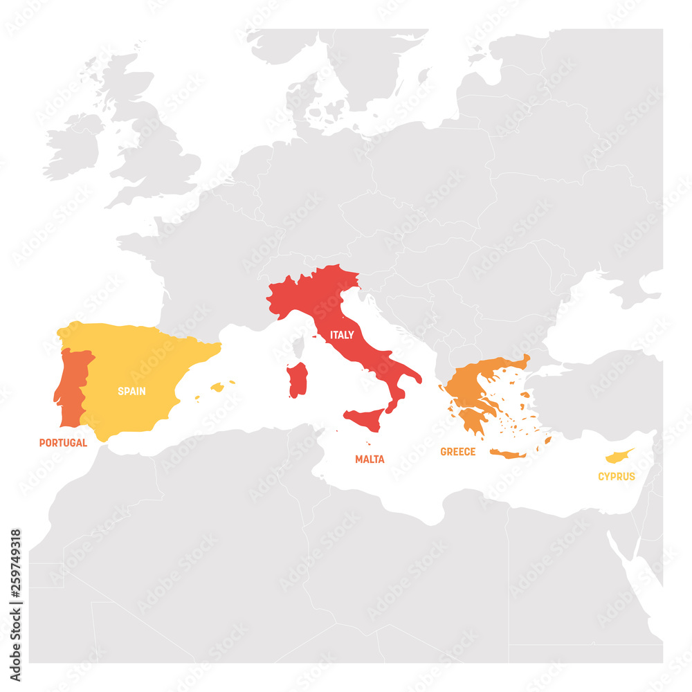Fototapeta premium South Europe Region. Map of countries in southern Europe around Mediterranean Sea. Vector illustration