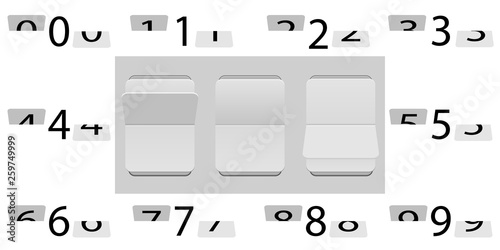 Mechanical scoreboard digits or flip clock with set of flip numbers. Vector illustration.