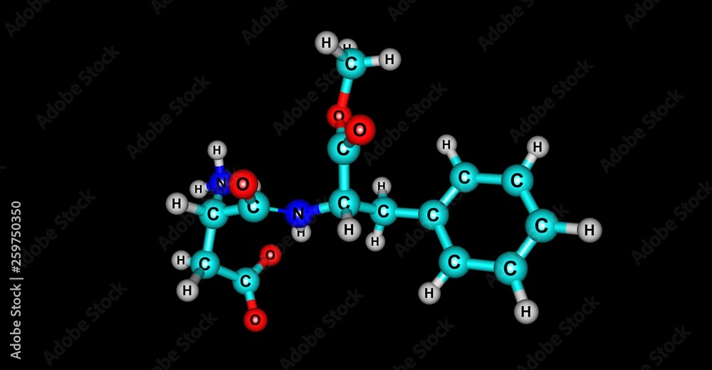 Aspartame molecular structure isolated on black