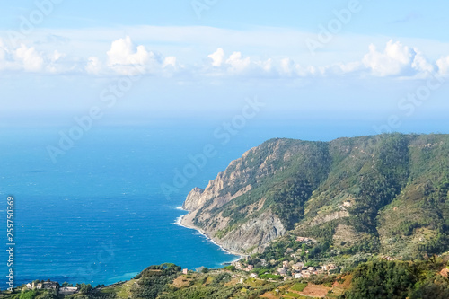 Beautiful view of Monterosso al Mare on Mediterranean sea, in La Spezia province, Liguria, Italy.