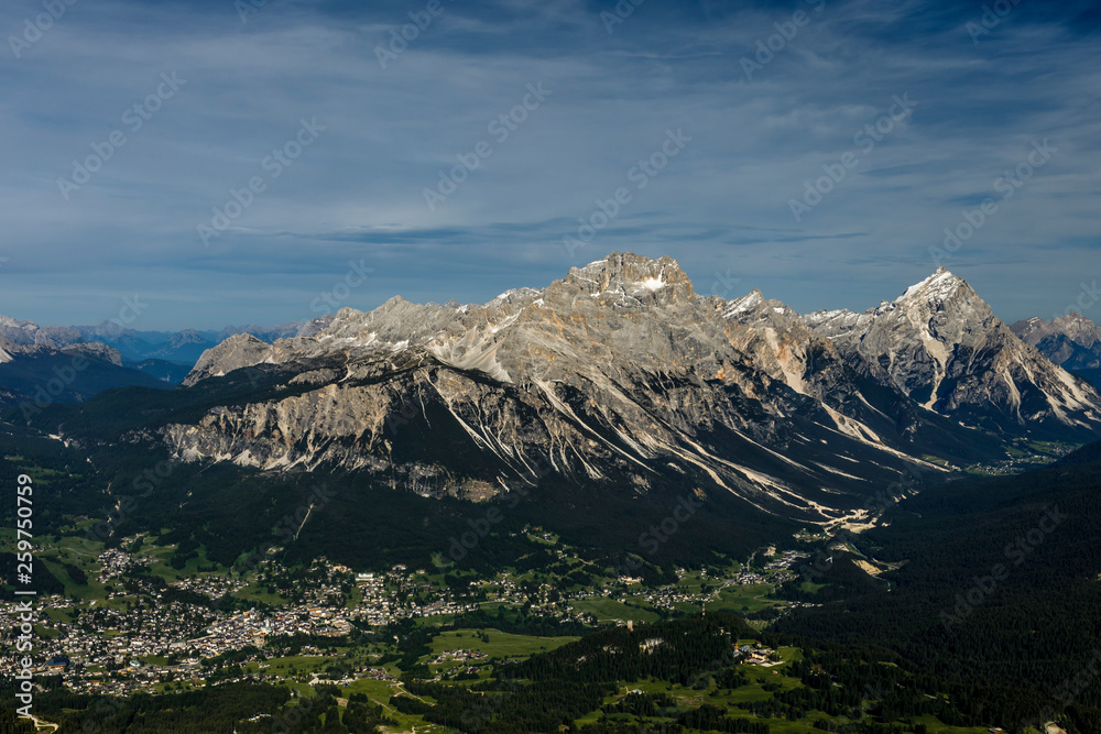 Faloria Mountain and Cortina d'Ampezzo town, in Dolomites, Italy