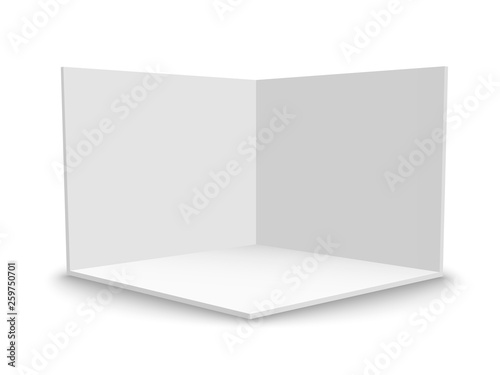 3D exhibition booth. Square corner. Vector white empty geometric square. Blank box template
