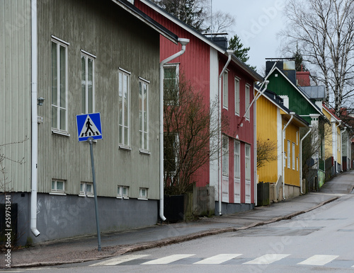 old wooden houses on Intiankatu street in Helsinki photo