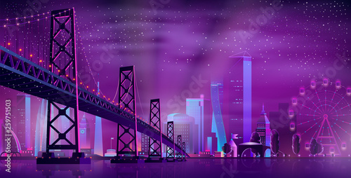 Vector big hinged bridge to amusement park. Modern megapolis on river and Ferris wheel. Night architecture background with glowing buildings in cartoon style. Urban skyscrapers in neon colors.