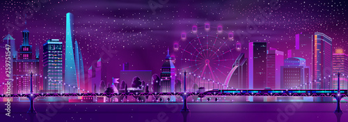 Vector bullet train on bridge over the river and modern megapolis on background. Speed railroad vehicle, Ferris wheel and park in neon glowing colors. Urban skyscrapers in violet colors, town exterior